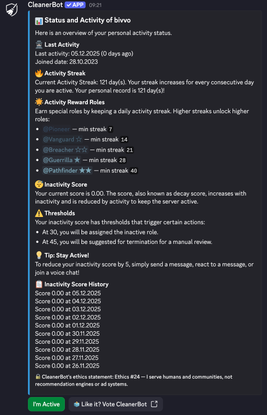 CleanerBot member activity view